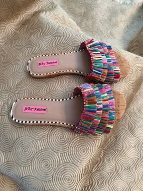 Betsey Johnson Multicolor Fringe Slide Sandals with Pink Insole